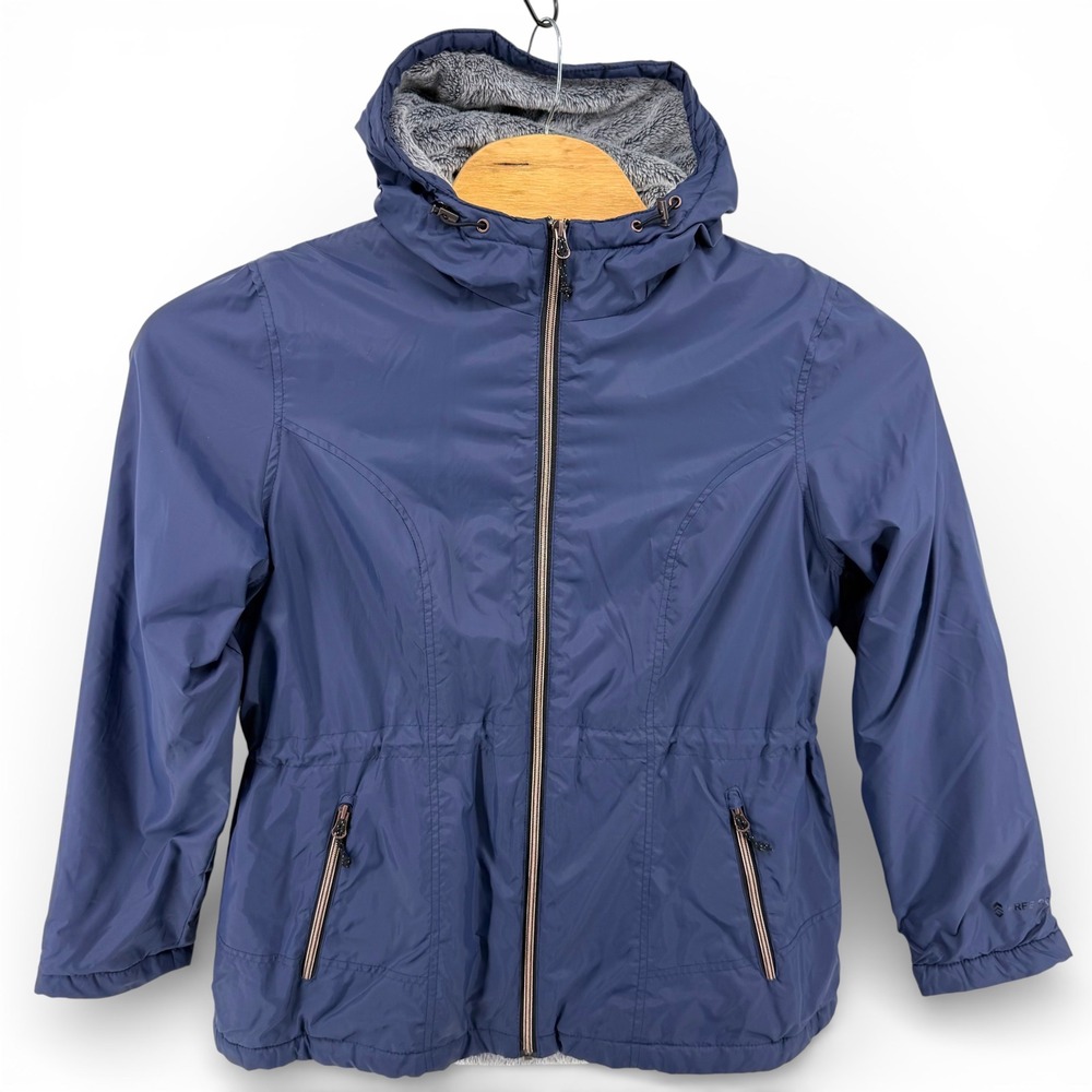 Free Country Womens Hooded Anorak Jacket Blue Faux Fur‎ Lined Drawstring XL
